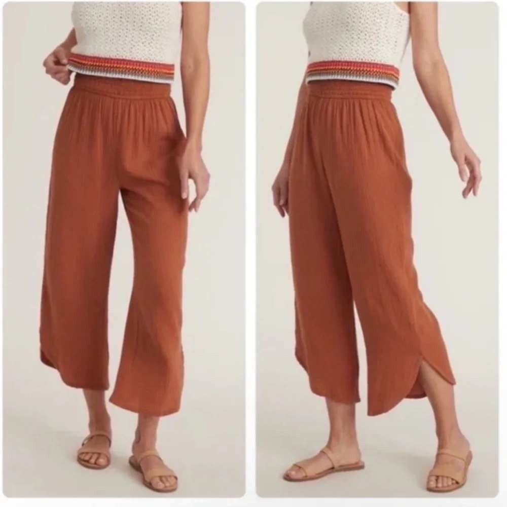 Marine Layer Corinne Wide Split Leg Cropped Gauze Pants Rust Orange XS